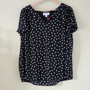ELLE Top Women XL Black White Polka Dot Pull On Semi Sheer Flowy Flutter SS Boho